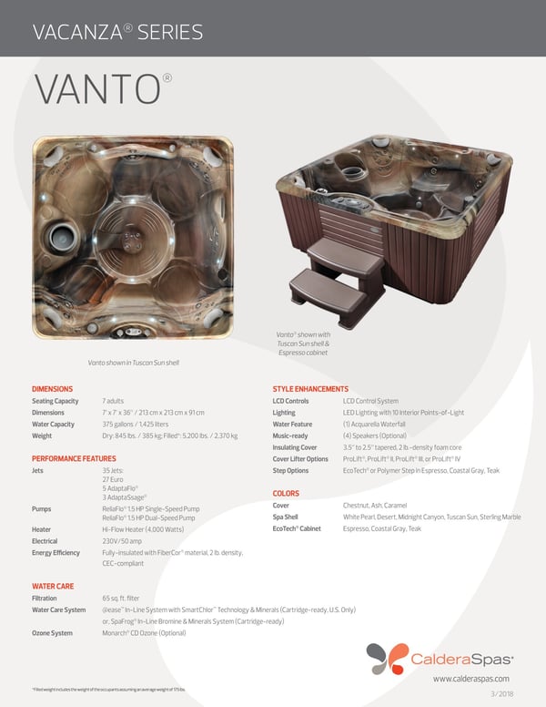 2018 Vacanza-Vanto Spec Sheet