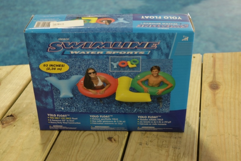 box of pool floats on dock